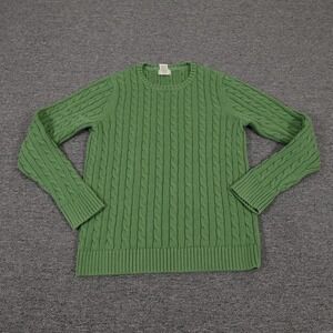 L.L.Bean Sweater Womens Medium Green Cable Knit 100% Cotton Crewneck Pullover